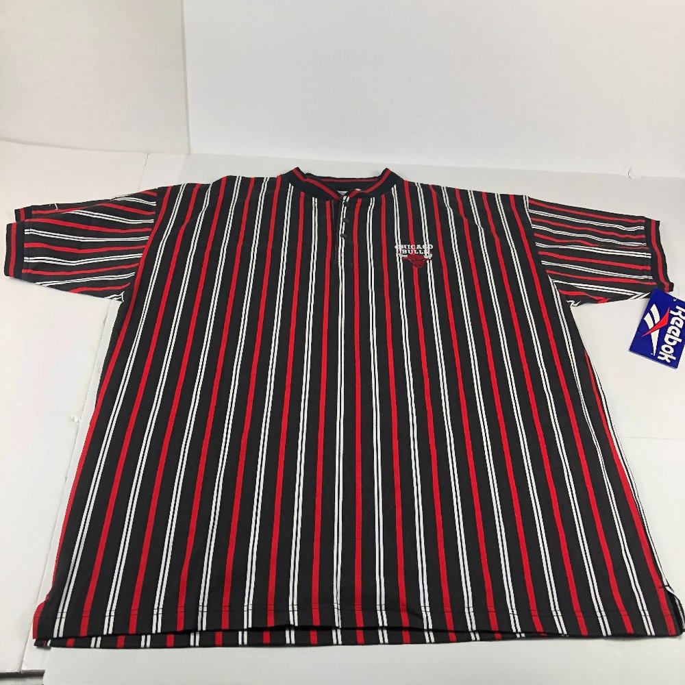 Vintage Chicago Bulls Shirt Mens Large Black Vertical Striped V Neck Snap Button